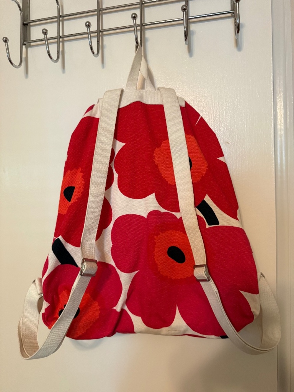Vintage Marimekko Unikko Red Floral Canvas Backpack Made in Finland